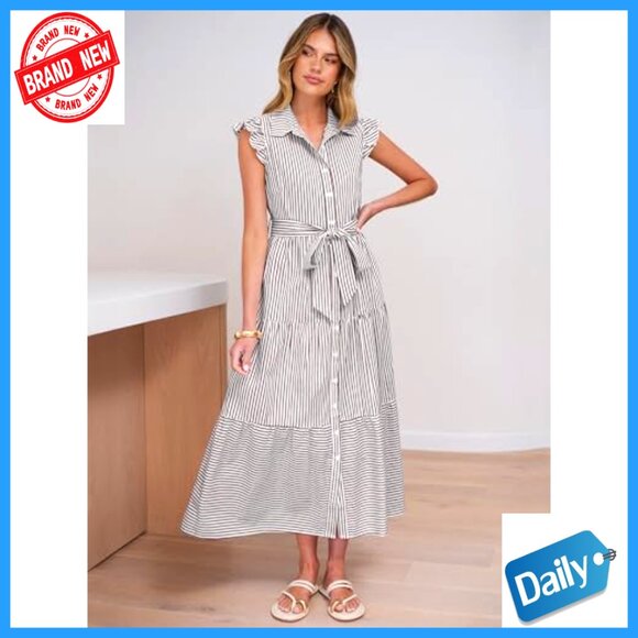 Ruffle Cap Sleeve Maxi Dress Button Down Striped Plaid Tie Waist Casual Chic - Picture 3 of 7